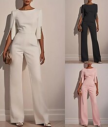baratos -Mulheres Normal Macacão Elegante Côr Sólida Meia Manga Perna larga Decote Redondo Cintura Alta Escritório Trabalho Normal Preto Branco Rosa Verão