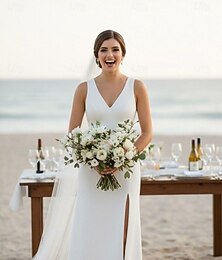 abordables -Fourreau Colonne Longueur thé Robe Blanche Robes de mariée Robes pour enterrement de vie de jeune fille robe de mariée ancien Petites Robes Blanches Sans manches Col en V Mariage Réception de mariage