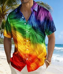お買い得  -男性用 多色 虹色 羽毛 シャツ サテンシャツ ドレスシャツ 半袖 ファッションカジュアル 日常 アウトドア バケーション 夏 春 折襟 3Dプリント ボタンアップシャツ ブルー オレンジ グリーン