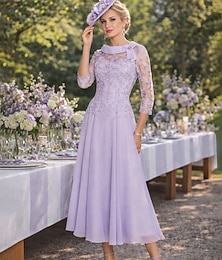 abordables -Fourreau Colonne Longueur thé Robe de Soirée Robe de Cocktail Robe d'invité de mariage Robe de Mère de Mariée  Manche 3/4 Col Rond Fête Doux robe demoiselle d honneur Semi-Formel Chiffon Dentelle avec