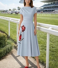 economico -Linea ad A Lunghezza Tè Abito da Cocktail Abito da invitata a nozze Abito da cerimonia per signora Manica Corta Scollo a V Scollo a Barca Elegante Semplice Casual Formale Derby del Kentucky