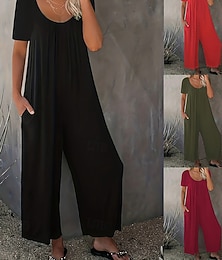 preiswerte -Damen Overall Aktiv Einfarbig Kurzarm Weites Bein Rundhalsausschnitt Tasche Täglich Urlaub Lässiger Schnitt Schwarz Wein Rote Sommer
