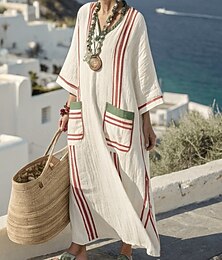 baratos -Vestido Longo Feminino Linho Semelhante Respirável Leve Vestido A Linha Vestido de Verão Casual Diários Corte Solto Listrado Manga 3/4 Decote em V Azul Branco Vermelho Bege Verão Primavera Outono