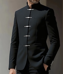 お買い得  -男性用 ブレザージャケット カジュアル 日常 アウトドア ファッション 中国風 春 オールシーズン POLY 純色 ミニマリスト ファッション シングルブレスト ボタン付きフロント ブレザー ブラック