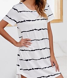 abordables -Femmes Chemise de Nuit Occasionnel Confort Rayure Quotidien Maison Manche Courte Col ras du cou Bleu Noir Blanche Vin Été Printemps Coupe régulière