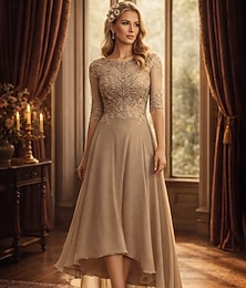 abordables -Ligne A Longueur au sol Robe de Soirée Robe de Cocktail Robe d'invité de mariage Robe de Mère de Mariée  Demi Manches Col ras du cou Élégant Formel robe demoiselle d honneur Soirée Formelle Chiffon