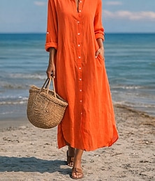 abordables -Robe maxi en coton lin pour femmes robe décalée décontractée ajustement lâche quotidien unie manches longues col à revers bleue noire blanche vert clair été printemps automne