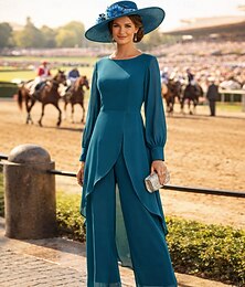 abordables -Tailleur Pantalon Asymétrique Robe de Mère de Mariée  manche longue Col ras du cou Élégant Formel robe demoiselle d honneur Soirée Formelle Chiffon avec Couleur Unie