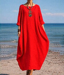 Недорогие -Жен. Длинное платье Платье прямого кроя На каждый день Повседневные Стандартный Полотняное плетение Рукав 3/4 Вырез под горло Синий Белый Красный Темно-зеленый Лето Весна Осень