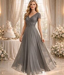 abordables -Robe de fête longueur thé A-Line robe cocktail robe d'invitée de mariage robe de mère de la mariée manches courtes décolleté en V élégante invitée de mariage avec couleur unie