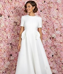 abordables -Ligne A Longueur thé Robe de Soirée Robe de Cocktail Robes de mariée Robes pour enterrement de vie de jeune fille robe de mariée Élégant Petites Robes Blanches Manche Courte Col ras du cou Formel