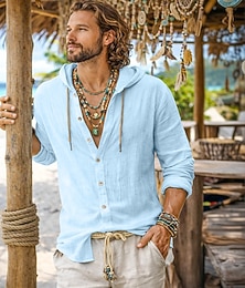 cheap -Men's Shirt Linen Shirt Beach Wear Button Up Shirt Hooded Shirt Plain Casual Daily Black White Khaki Army Green Long Sleeve Hooded Summer Spring & Summer Clothing Apparel Buttons