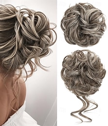 ieftine -2 buc cocuri dezordonate, ondulate, buclate, sintetice, coc coc, elastice de păr false, extensii de coadă de cal pentru femei, gri cenușiu