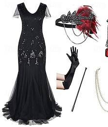 preiswerte -Goldene Zwanziger 1920er Bodenlang Kleid Abendkleid Outfits Kurze Ärmel Der große Gatsby Hochzeitsgast Pailletten V Ausschnitt Kostüm Damen Abendgesellschaft Party-Abendmode Maskerade Erwachsene