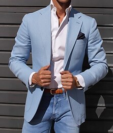 お買い得  -男性用 ブレザージャケット リネンブレザー ノッチカラー ライトウェイト カジュアル ソリッド Blazer リネンブレザー スカイブルー セージグリーン スリムフィット シングルブレスト 2つボタン