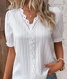 זול -בגדי ריקוד נשים חולצה קצרה טופ טי תחרה טלאים אחיד אופנתי מסוגנן קלסי שרוולים קצרים צווארון V חולצות רגילות יומי ליציאה סוף שבוע שחור לבן צהוב כחול סקיי סגול קיץ אביב