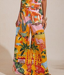 abordables -pantalon large en satin soyeux à fleurs, idéal pour une escapade estivale