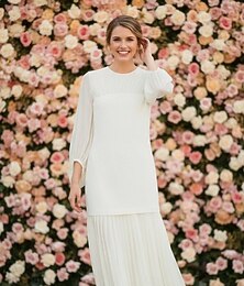 abordables -Fourreau Colonne Longueur cheville Robe Blanche petite robe blanche Robes pour invités de mariage Élégant manche longue Col ras du cou Formel robe demoiselle d honneur Chiffon avec Plis Froncé