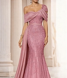 preiswerte -Meerjungfrauenschnitt Bodenlang Ballkleid mit Cape Abendkleid Festliche Kleidung Elegant Glitzernd Glitzern Ärmellos Schulterfrei Hochzeit Formell Paillettenbesetzt mit Glitzer