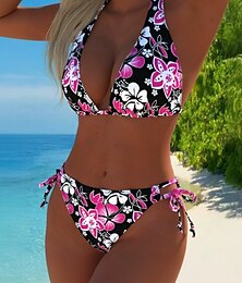 baratos -Mulheres Roupa de Banho Biquíni 2 partes Cavado roupa de banho Delgado Frente Única Férias Roupa de Praia Floral Halter pescoço Sem Manga Fatos de banho