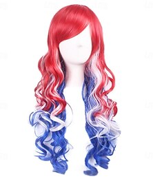 preiswerte -Lange gewellte Perücken für Frauen Amerikanische Flaggenperücke 4. Juli Kostümperücke Rot Weiß und Blau Perücken