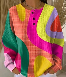 זול -בגדי ריקוד נשים קפוצ'ונים כפתורים גראפי גיאומטרי קולור בלוק אופנתי יום יומי דפוס שרוול ארוך צווארון עגול קצר צווארון עגול חולצות רגילות קזו'אל רחוב פול ורוד מסמיק כתום תלתן קיץ אביב סתיו