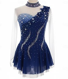 preiswerte -Eiskunstlaufkleid Damen Eislaufen Kleid Dunkelmarine Patchwork Daumenloch Dehnbar Training Wettbewerb Eiskunstlaufkleidung Klassisch Kristall / Strass Langarm Eislaufen Eiskundstlauf