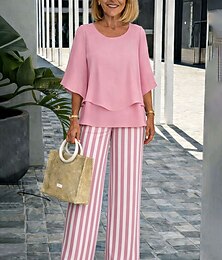 preiswerte -Damen Hosen-Sets Halbarm Schmetterling Rundhals Grafik Gestreift Elegant Urlaub Lässig Täglich Blau Gelb Rosa Frühling & Sommer Normale Passform