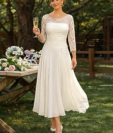 abordables -Ligne A Longueur cheville Robe de Soirée Robe de Cocktail Robe d'invité de mariage Robe de Mère de Mariée  Manche 3/4 Bijoux Élégant robe demoiselle d honneur Chiffon Dentelle avec Paillettes Fronces