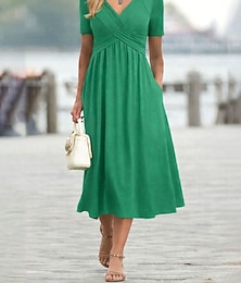 preiswerte -Damen Midikleid A Linie Kleid Sommerkleid Lässig Täglich Normale Passform Einfach Kurzarm V Ausschnitt Blau Rote Grün Grau Sommer Frühling