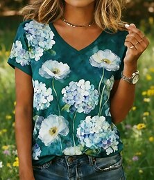 お買い得  -女性用 ボヘミアンシャツ Tシャツ プリント フラワー グラフィック ボヘミア ヴィンテージ クラシック 半袖 Ｖネック レギュラートップス 日常 ピンク ダークグリーン パープル グリーン ローズピンク 夏 春