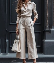 abordables -Femmes Ensembles de Pantalons Haut boléro manche longue Col de chemise Uni Froncé Mode Streetwear Extérieur Bureau Vacances Noir Blanche Rose Claire Été Coupe Ample