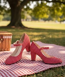 abordables -Escarpins Mary Jane rouges à pois vintage années 1950 pour femmes - chaussures rétro rockabilly à bout rond et talon mi-haut épais, parfaites pour les vacances d'été &partis
