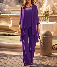 abordables -Costume-pantalon longueur sol Robe mère de la mariée Manches longues encolure bijou Élégante décontractée invitée de mariage avec dentelle