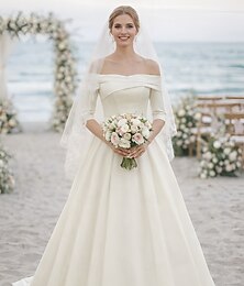 cheap -Wedding Dresses A-Line Off Shoulder Half Sleeve Sweep Brush Train Satin Bridal Gowns With Ruched Solid Color