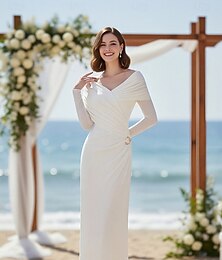 voordelige -Strak kolom Tot de grond Bruiloft gast jurk Kleine witte jurk Elegant Open rug Lange mouw Schouderafhangend Bruiloft met Ruches