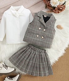 baratos -Regresso à Escola Carnaval Para Meninas 3D Houndstooth Camisa, saia Manga Longa Outono Inverno Vintage Moda Bébé 1-5 anos Decote V Festa Rua Ajuste Largo