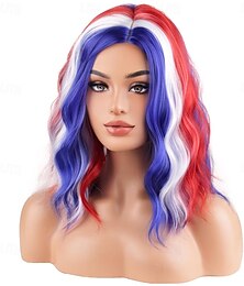preiswerte -4. Juli Perücken für Frauen kurze lockige Wellen rote weiße blaue und gemischte wellige Perücke für Mädchen hitzebeständige synthetische Kostüm-Unabhängigkeitstag-Cosplay-Partyperücken