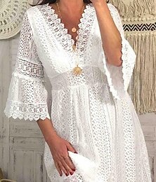economico -Per donna Abito al ginocchio Abito Bianco Abito in Pizzo Elegante Vintage Moda Manica del polsino svasato Quotidiano All'aperto Spiaggia Vestibilità regolare Semplice Manica 3/4 Scollo a V Bianco