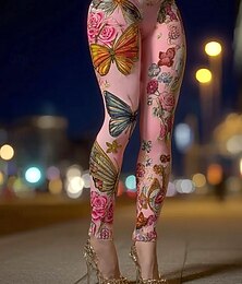 お買い得  -女性用 パンツ レギンス 心地よいレギンス 旅行度假风 ベーシック カジュアル 全長 ハイウエスト バタフライ フラワー 弾性ウエスト プリント 履き心地よい 通気性 快適 高弾性 バケーション フォーマル ストリート ピンク 夏 春 スリムフィット