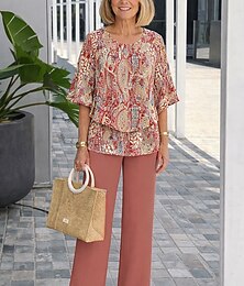 preiswerte -Damen Hosen-Sets Halbarm Schmetterling Rundhals Grafik Paisley-Muster Elegant Urlaub Lässig Täglich Blau Rosa Orange Frühling & Sommer