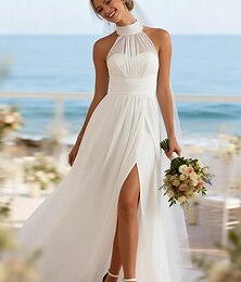 economico -Linea ad A Lunghezza al pavimento Abito Bianco Abiti da sposa Abito da sposa Piccoli Abiti Bianchi Senza Maniche Collo Alto Laurea Compleanno con Pieghe Tinta unita