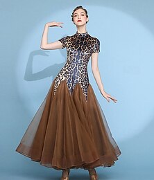 billiga -Damklänning med leopardmönster, ballroomdans, kortärmad, hög hals, valsklänning, modern standard tango, tävlingsdräkt, brun