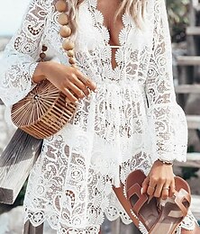economico -Per donna Mini Abito Abito Bianco Abito da Spiaggia Abito nero Copricostume Elegante Vintage Moda Manica del polsino svasato Quotidiano All'aperto Spiaggia Vestibilità regolare Floreale Semplice