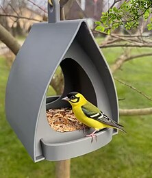 abordables -Mangeoire suspendue pour oiseaux de jardin avec toit, en plastique, au design ouvert et décoratif, idéale pour l'extérieur (cour, patio, jardin, terrasse).