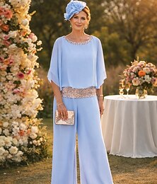 abordables -Deux Pièces Combinaison Tailleur-Pantalon Longueur au sol Robe de Mère de Mariée  Demi Manches Col Bateau Élégant ancien Simple robe demoiselle d honneur Fête Soirée Formelle Chiffon avec Paillettes