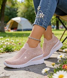 זול -נעלי סניקרס פלטפורמה ורודות נוצצות של flyknit לנשים – נעלי סריג קלות משקל ואלגנטיות להליכה, קניות, טיולים וללבוש יומיומי
