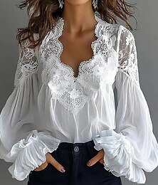abordables -Femmes Chemise en Dentelle Chemisier Dentelle Patchwork Couleur Unie Élégant Basique Occasionnel manche longue Col en V Hauts Réguliers Quotidien Sortir Noir Blanche Été Printemps Automne