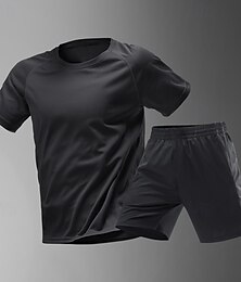 cheap -Men's Solid Colored Workout Suits 2 Piece Sports Set Short Sleeve Top Summer Quick Dry Compression Moisture Wicking Gym Workout Active Training Exercise Sportswear Activewear Dark Grey Black
