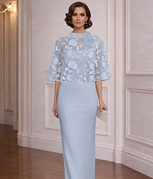 abordables -Funda Columna Vestidos Hasta el Suelo Vestido Invitada Boda Vestido formal Vestido de noche Vestido de Madrina Media Manga Cuello Alto Elegante Sencillo Casual Formal Gasa Jacquard Chales con Encaje